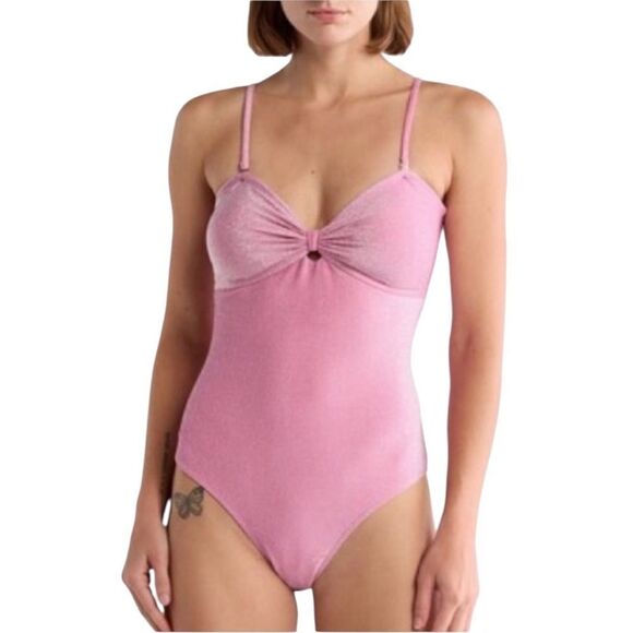 Betsey Johnson Barbie Pink Metallic Glitter Sweetheart Bow Keyhole Swimsuit - Picture 1 of 12